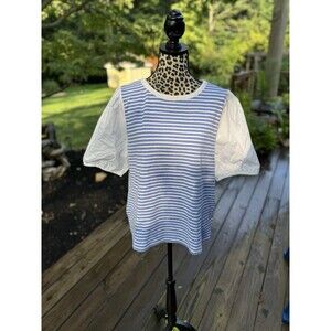 Talbots Striped Top Summer Size XLp Blue White Stripe Puff Sleeve Coastal New